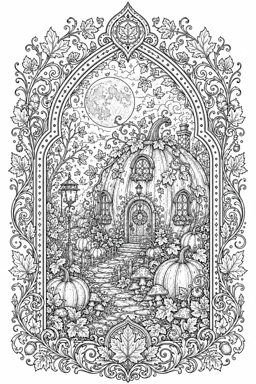 A detailed coloring page of an autumn pumpkin cottage with a moonlit garden, pumpkins, leaves, and an ornate frame.