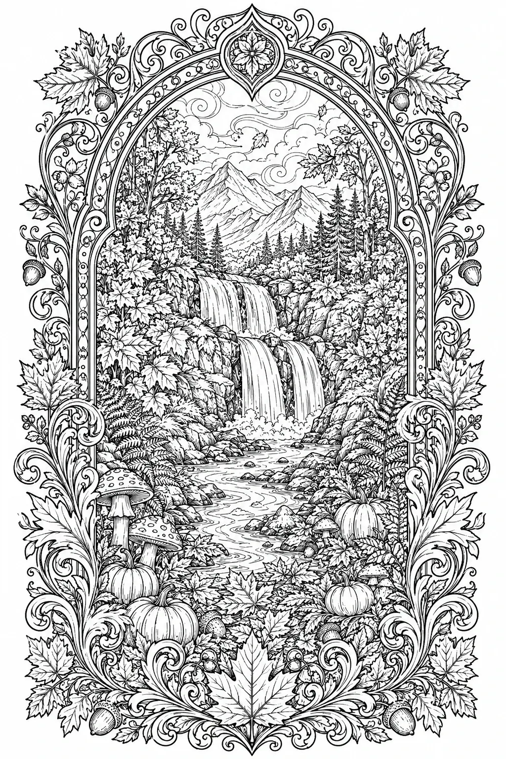An intricate coloring page shows an autumn landscape with a waterfall, mountains, forest trees, leaves, mushrooms, and pumpkins in a decorative frame.