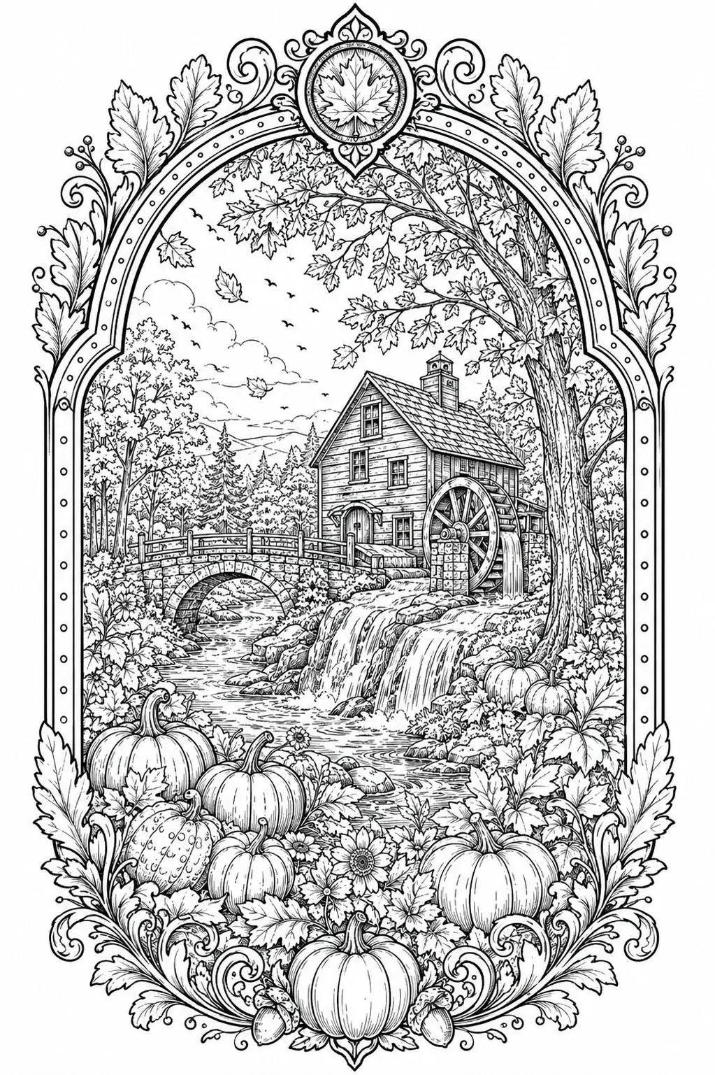 A black-and-white coloring page of an autumn countryside scene with pumpkins, a stone bridge, a stream, and a watermill inside an ornate frame.