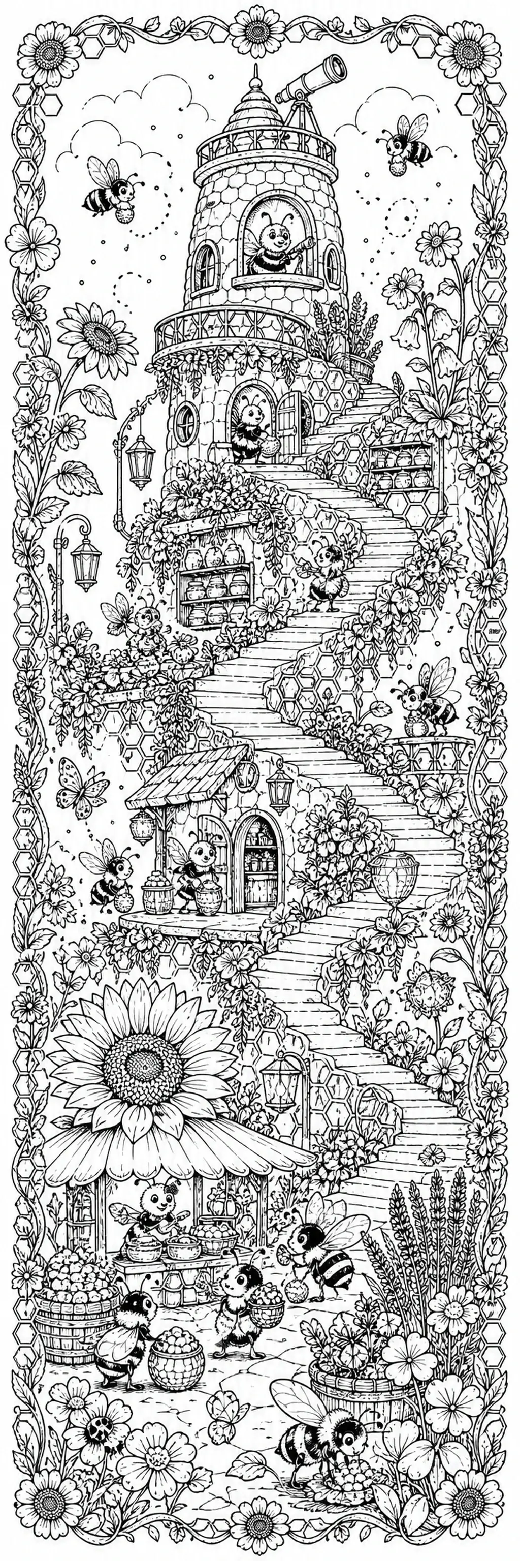 A black-and-white coloring page of bees flying around a tall garden tower with flowers, stairs, and honeycomb borders.