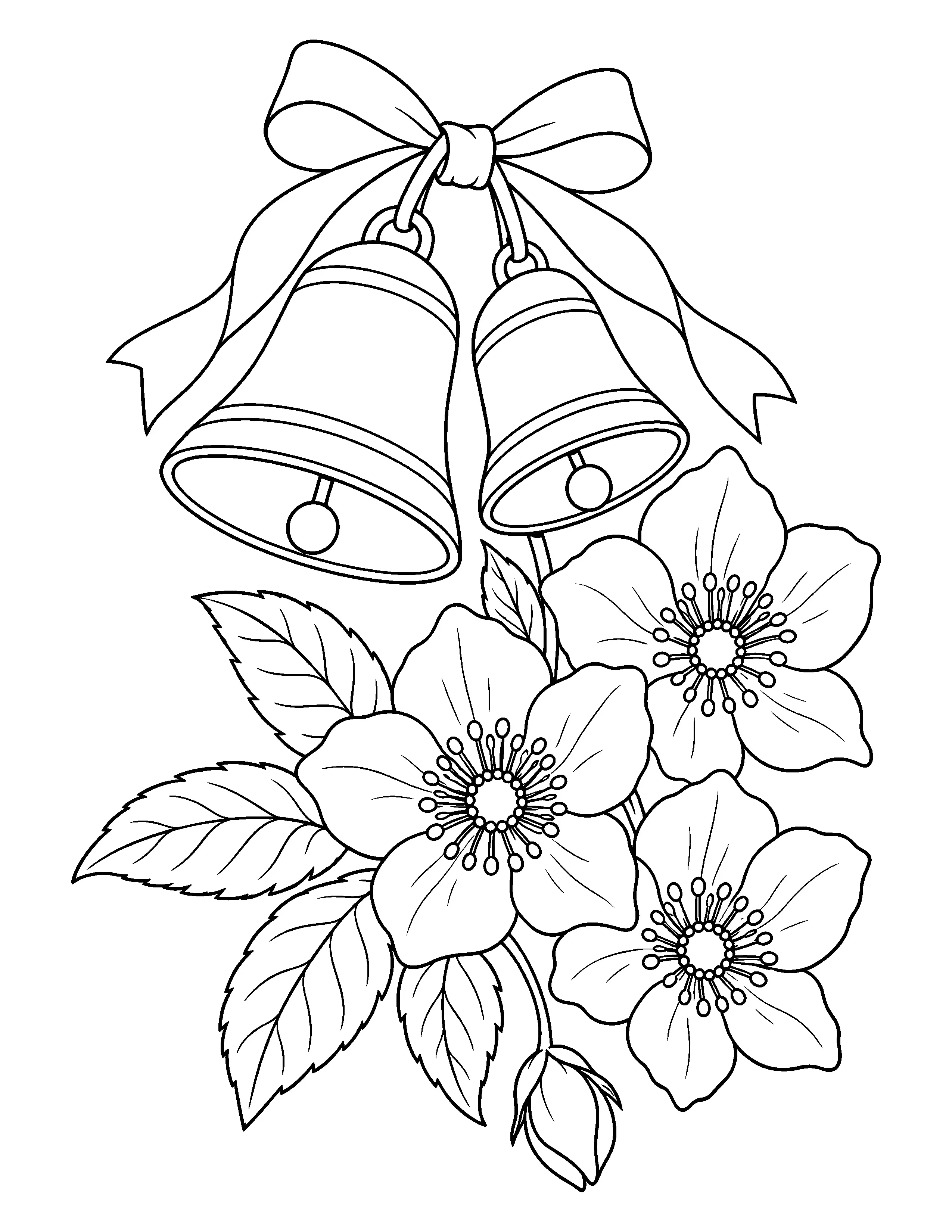 A coloring page shows two hanging bells tied with a large bow above three flowers and leafy branches.