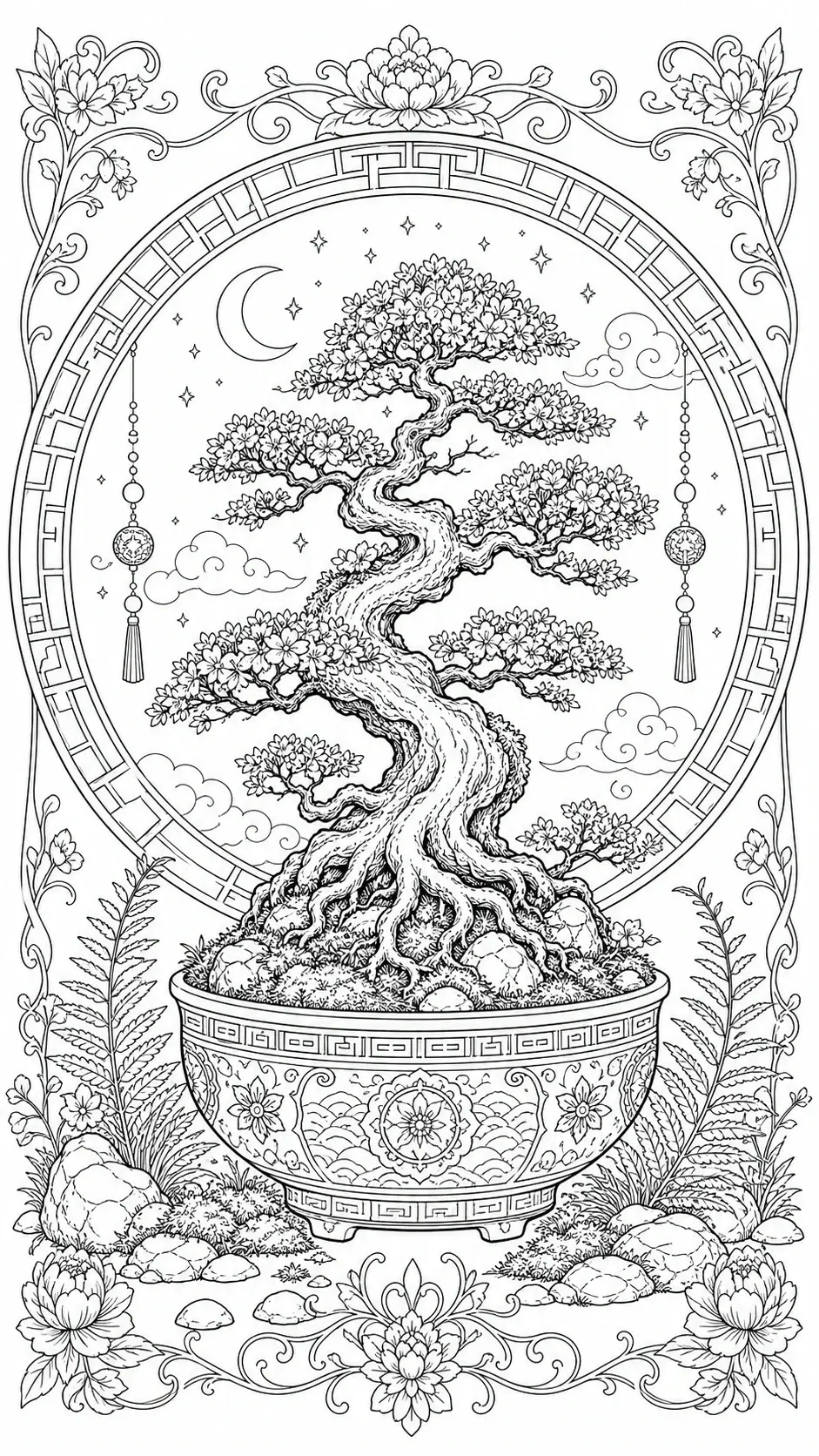 A detailed bonsai tree coloring page with a moon gate, crescent moon, clouds, stars, and floral borders.
