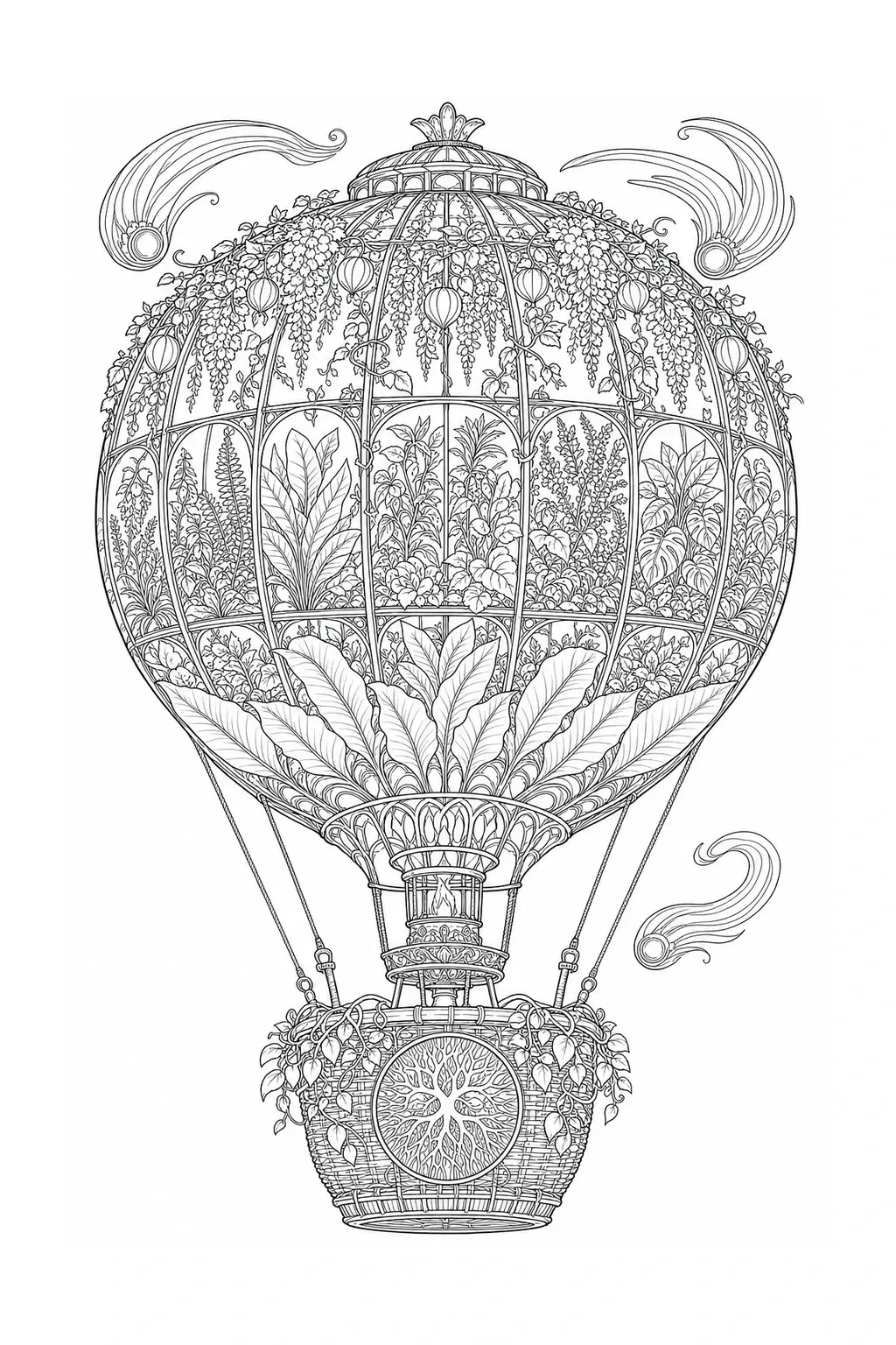 Intricate black-and-white coloring page of a decorative hot air balloon covered in vines, leaves, and floral details, with ornamental swirls around it.