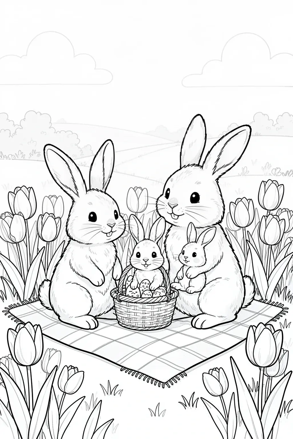 Bunny family picnic coloring page in a spring meadow with tulips and picnic blanket details.
