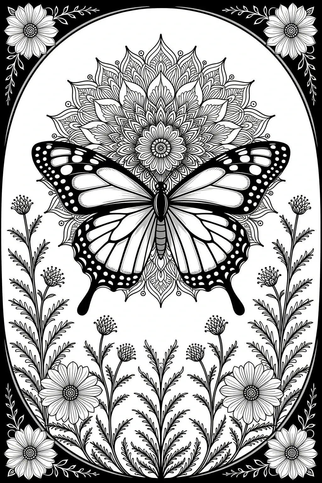 Black-and-white butterfly over a floral mandala with wildflowers one of our detailed coloring page for both adults and kids' coloring page. printable coloring page artwork and stand-alone coloring