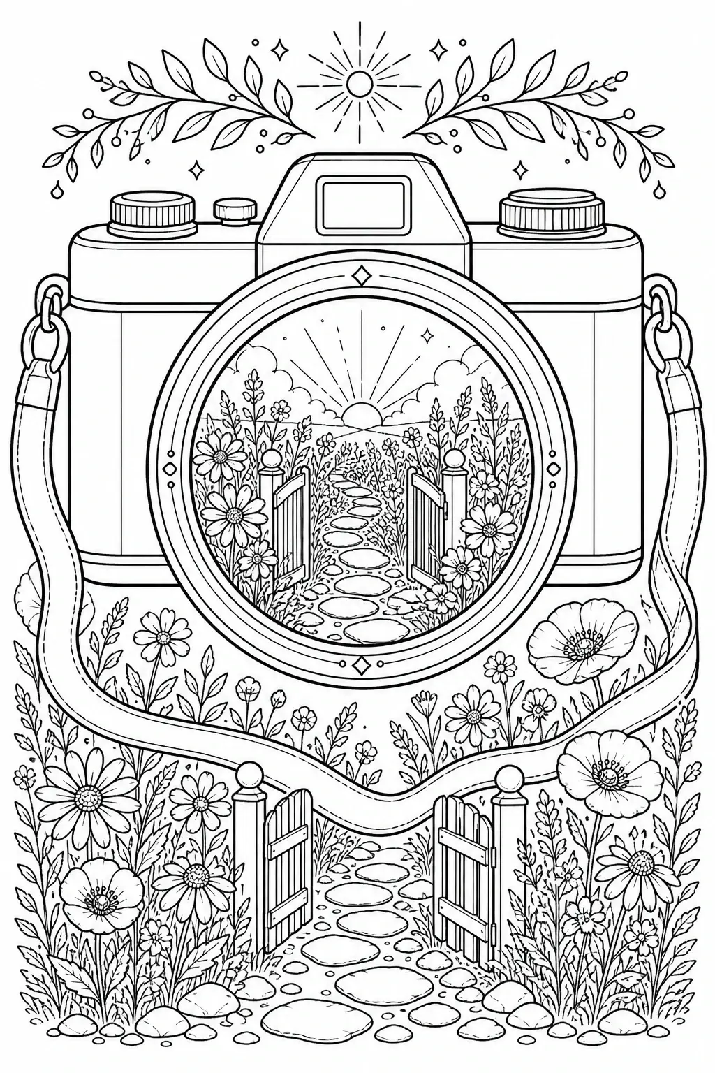 A black-and-white coloring page of a camera with a wildflower garden scene inside the lens and a path through open gates.