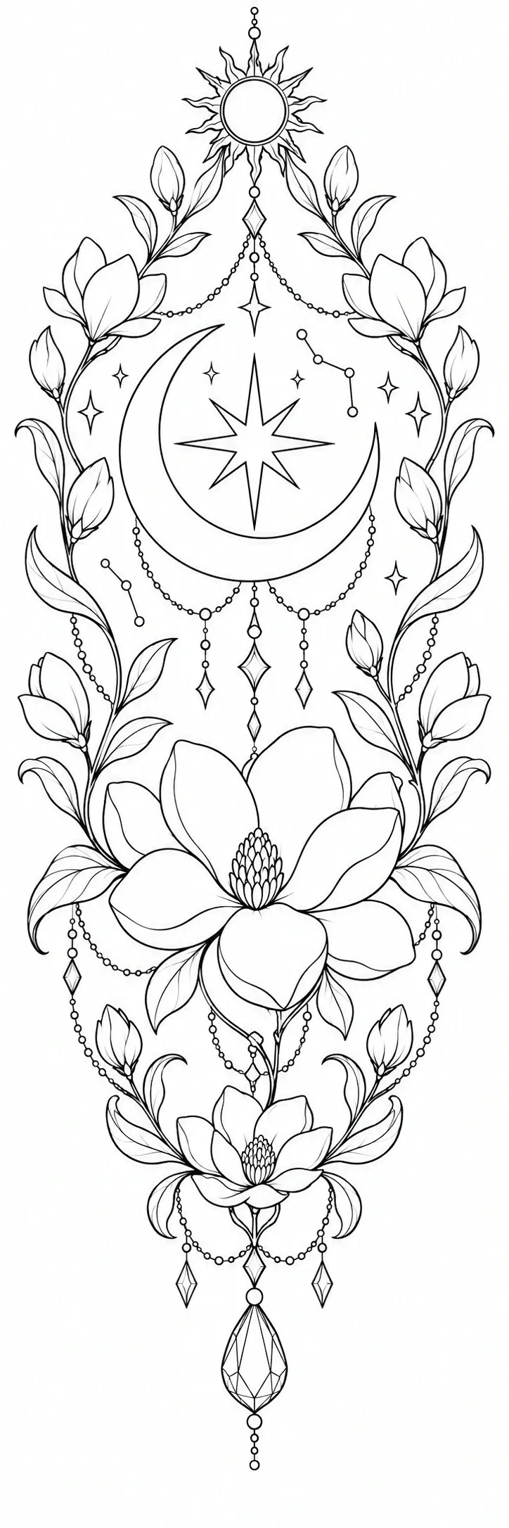 A black-and-white coloring page of a hanging celestial floral ornament with a crescent moon, stars, and magnolia-like flowers.