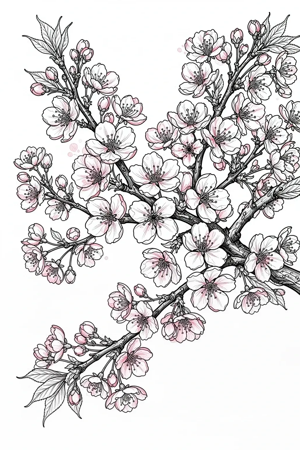 Cherry blossom branch drawing tutorial coloring page.