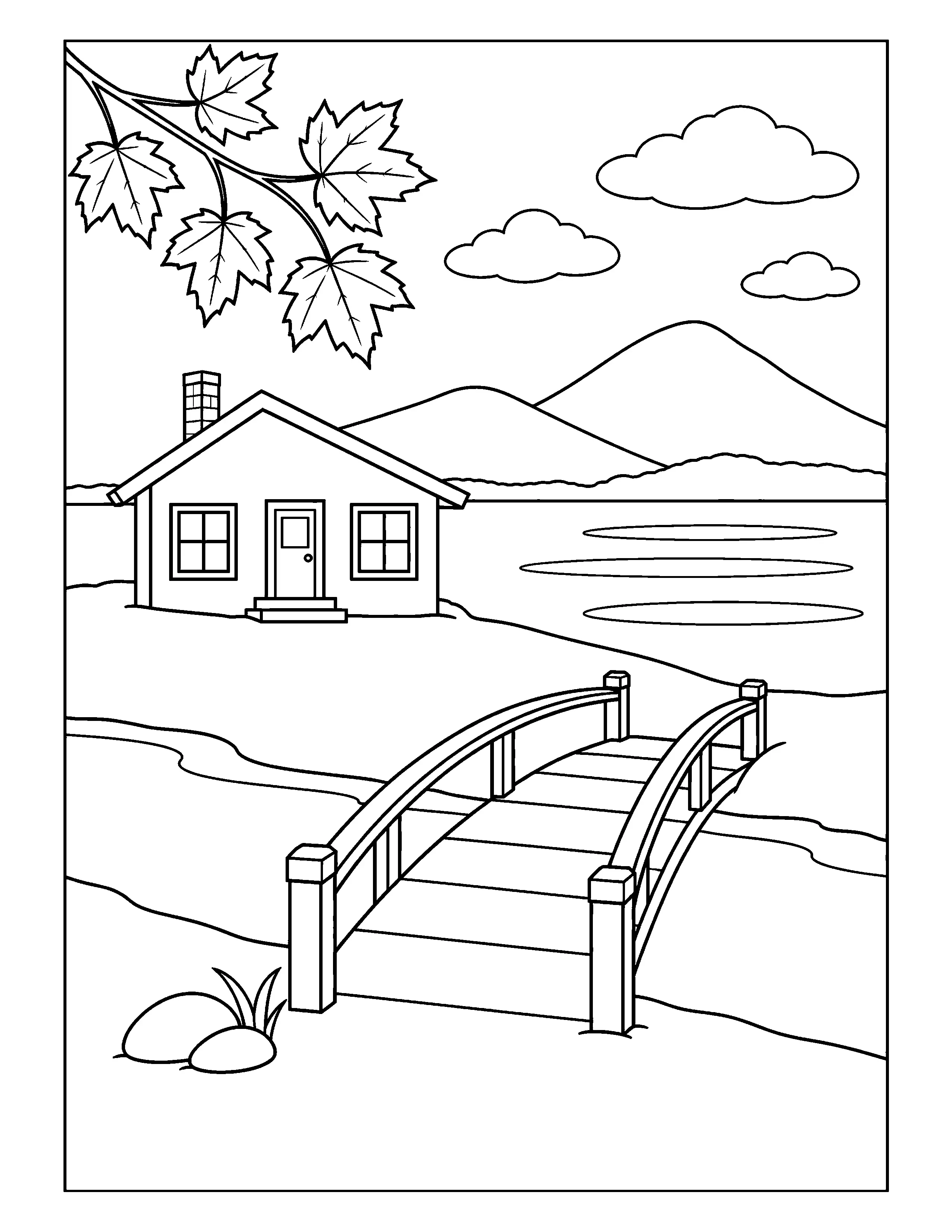 A black-and-white coloring page shows a small cottage beside an arched footbridge, with hills, clouds, and maple leaves overhead.