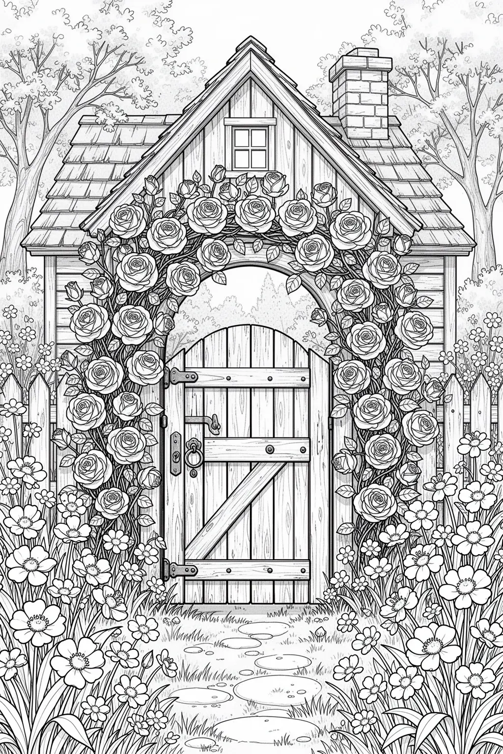 A flower-covered cottage garden gate coloring page PDF.