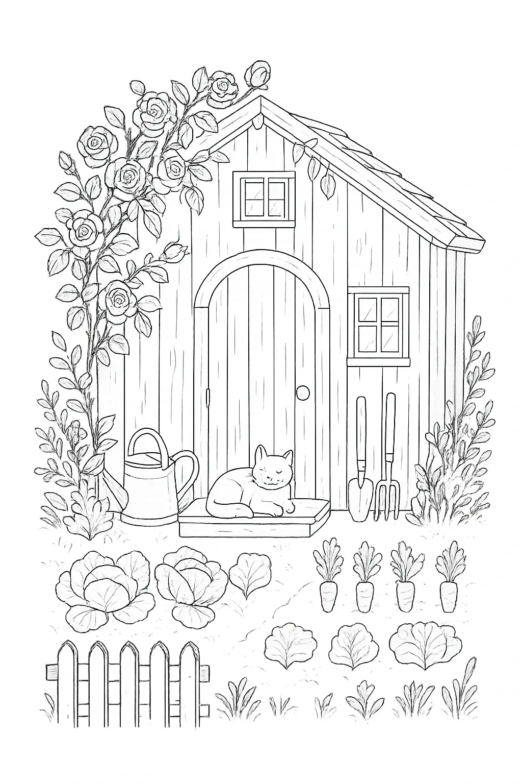 Black-and-white coloring page of a cottage garden shed covered in climbing roses, with a resting cat, watering can, garden tools, flowers, plants, and a small fence.