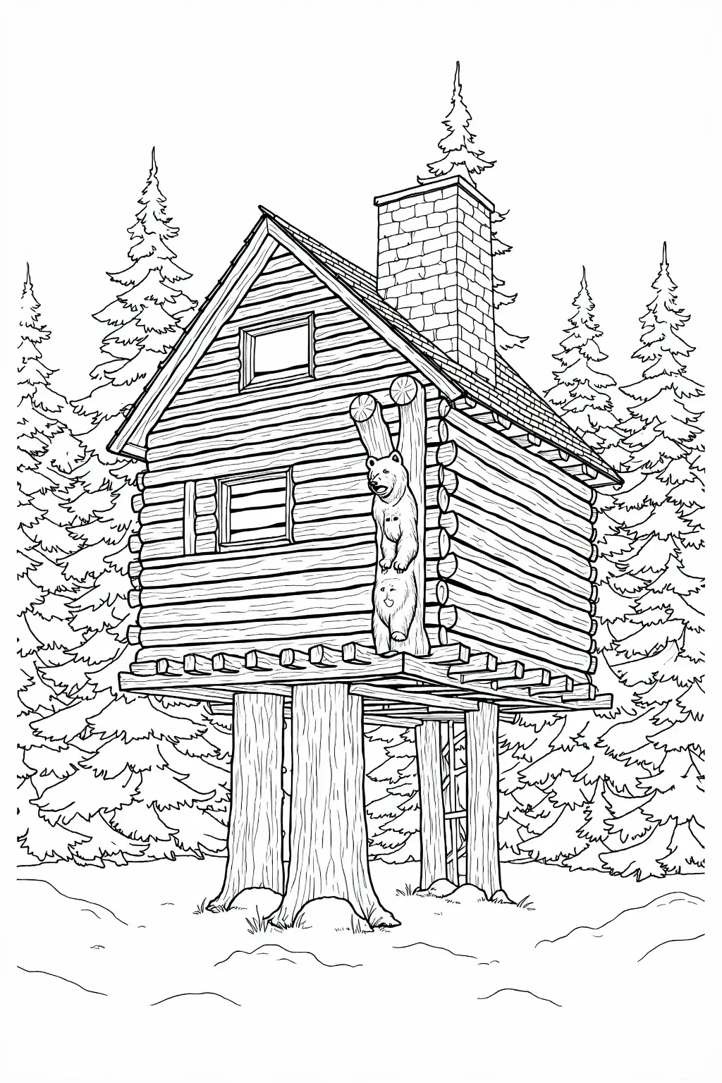 Black and white printable coloring page of a rustic treehouse cabin in a snowy pine forest, with a bear carving on the front, detailed wood textures, and winter scenery for kids' coloring page