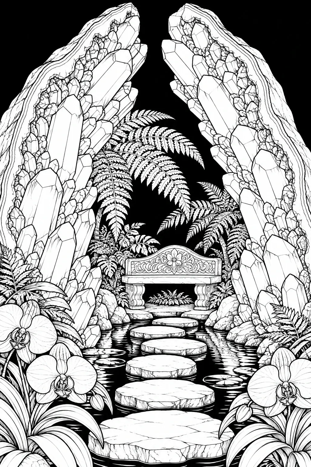 An intricate coloring page shows a crystal-lined cave with ferns, orchids, a stream, stepping stones, and a carved bench.
