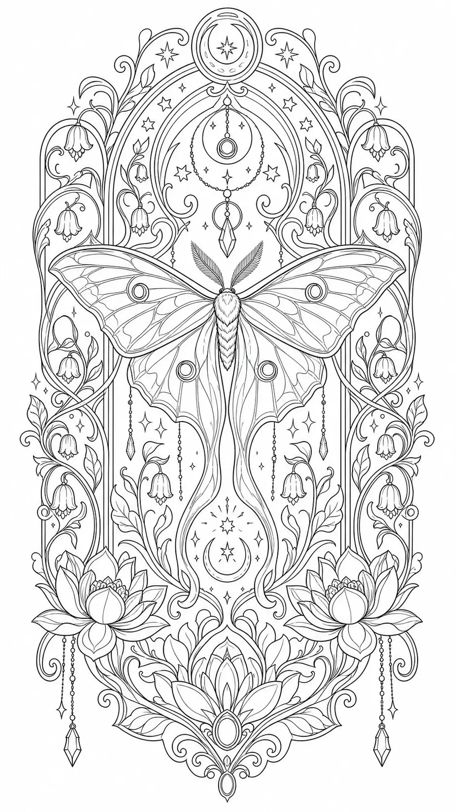 A decorative moth coloring page with floral vines, hanging ornaments, stars, and lotus flowers in black-and-white.
