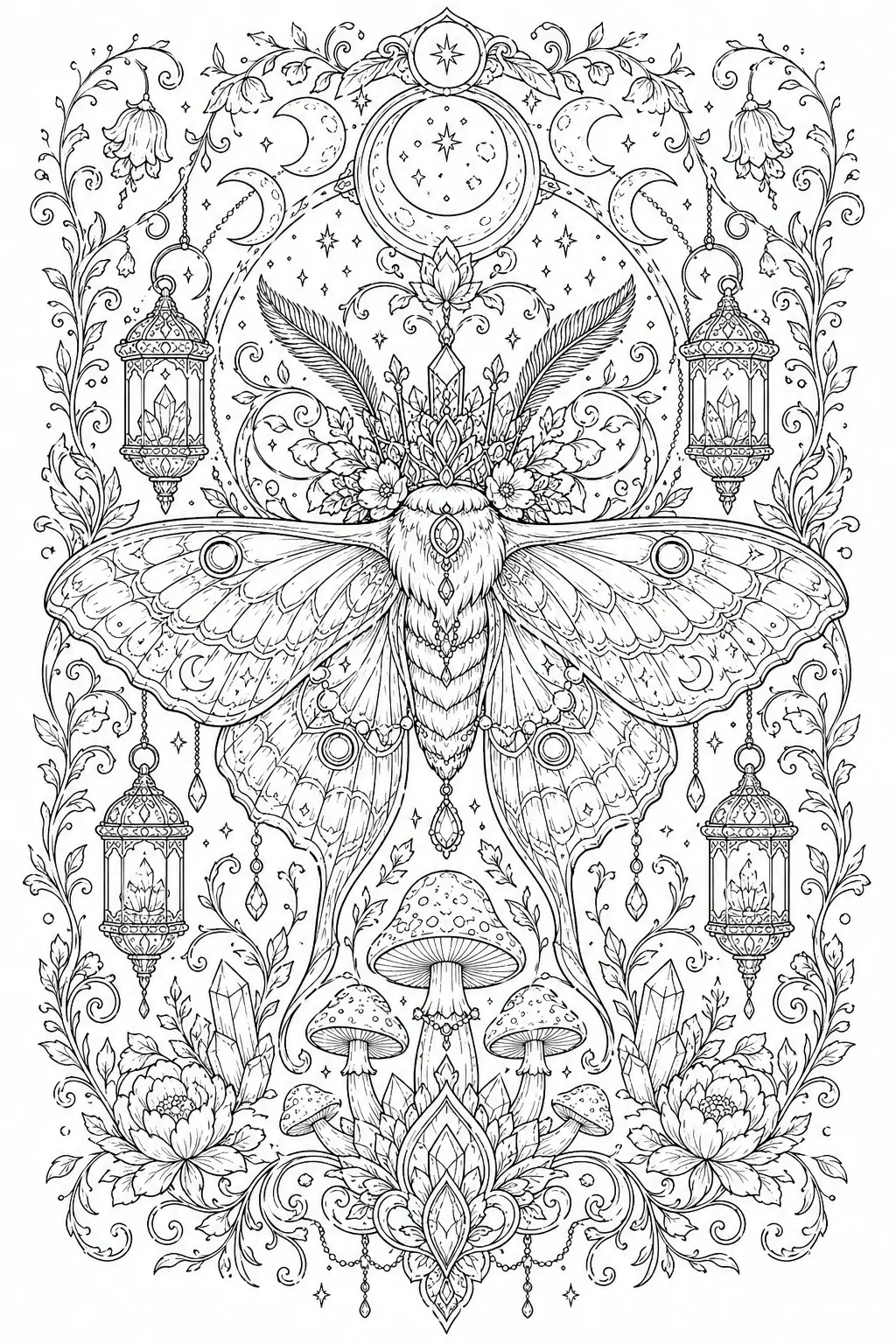 Intricate decorative moth surrounded by moon phases, lanterns, flowers, mushrooms, and crystals in a symmetrical line-art coloring page.