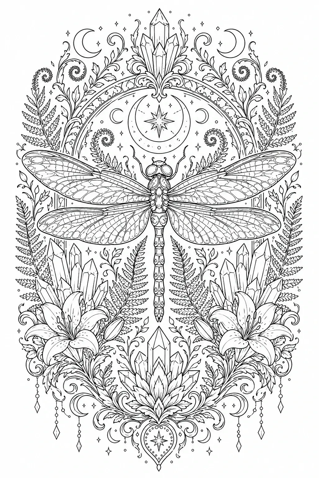 Intricate coloring page of a dragonfly surrounded by flowers, crystals, leaves, moons, and stars in a symmetrical ornamental design.