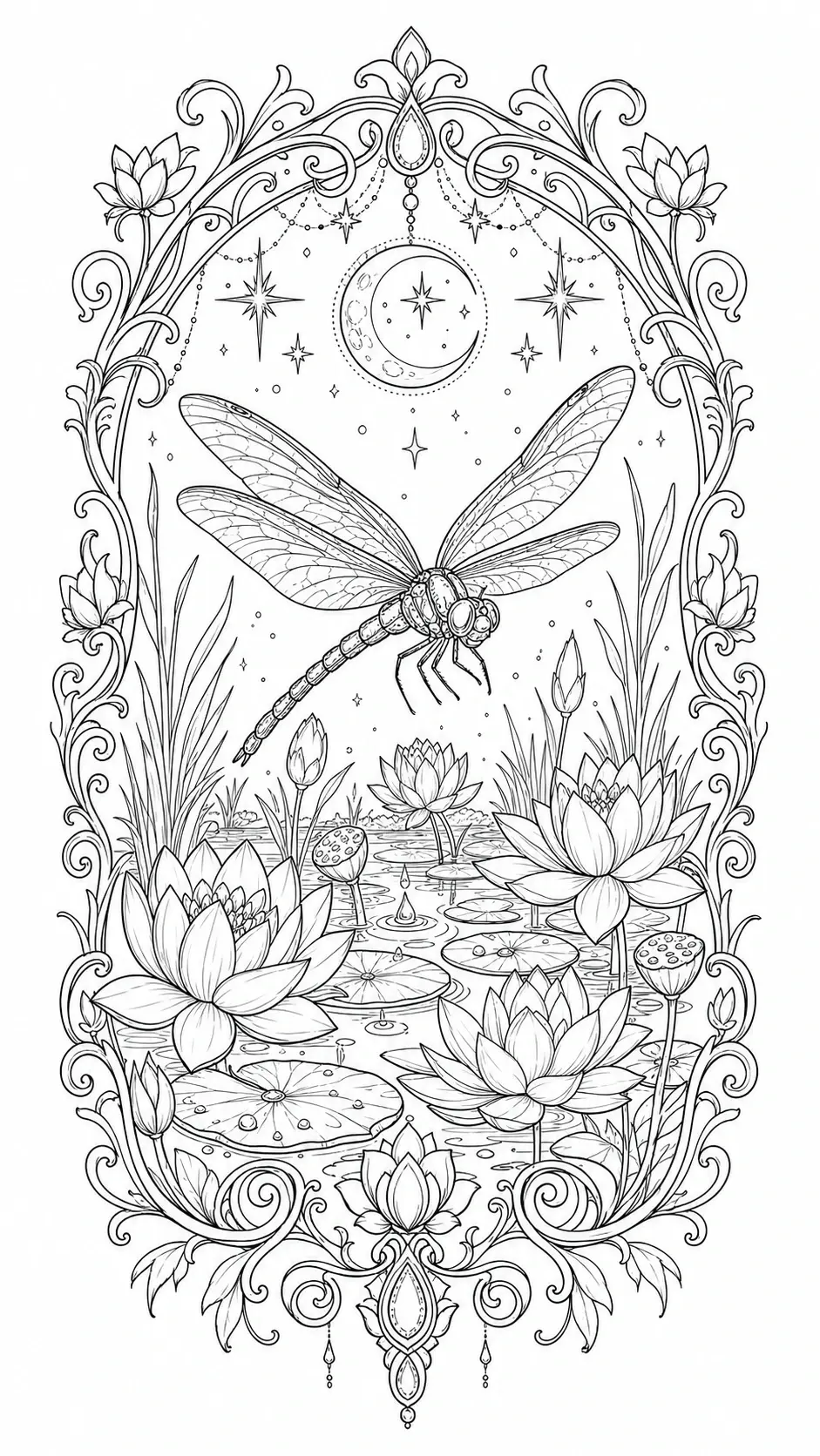 An intricate dragonfly coloring page shows a dragonfly over a lily pond framed by decorative flowers, stars, and a moon.