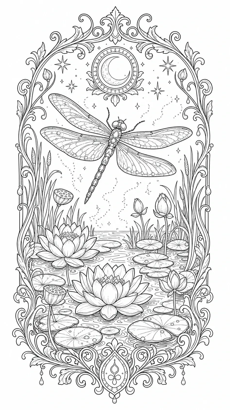 A dragonfly flies above a lily pond with water lilies and an ornate floral frame in this coloring page.