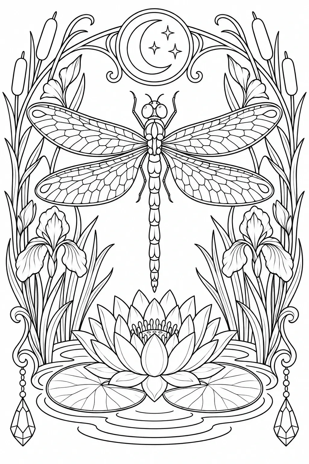 An ornate dragonfly coloring page with a moon, stars, lotus flowers, and tall reeds in black-and-white line art.