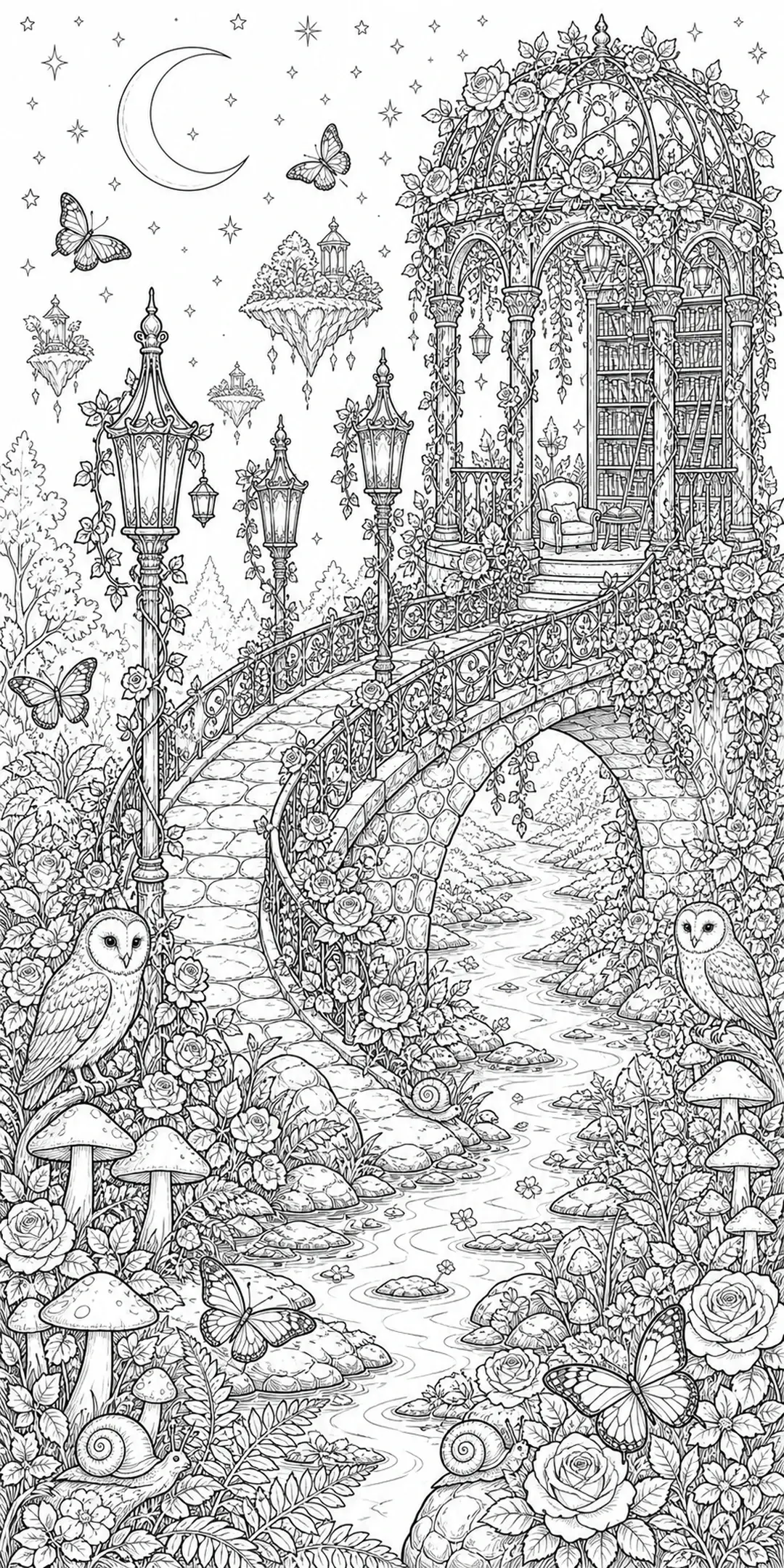 A black-and-white coloring page showing an enchanted garden gazebo, bridge, butterflies, owls, flowers, and a moonlit sky.