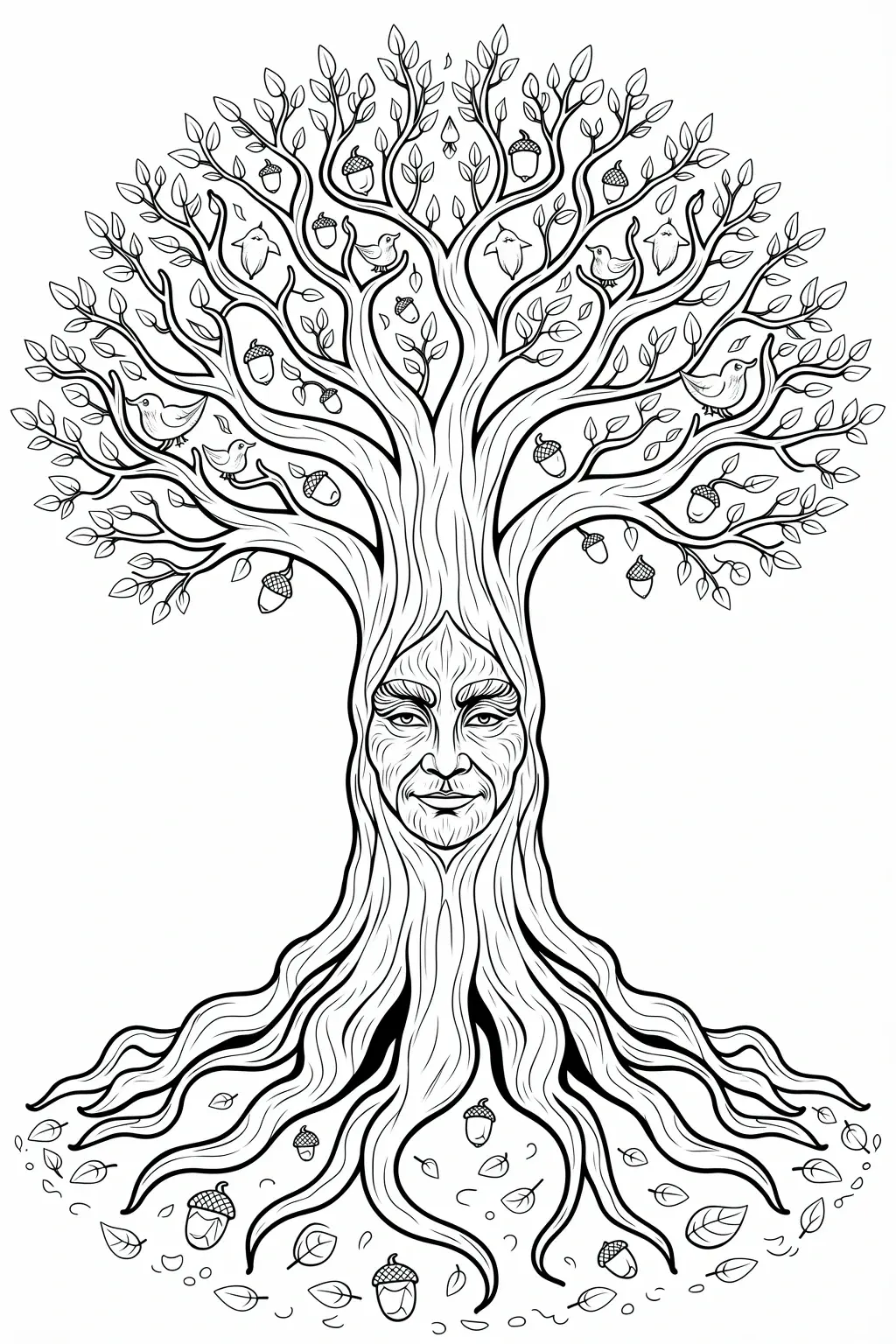A detailed black and white coloring page of an enchanted tree with a human face in the trunk, birds perched on the branches, acorns, and many leaves.