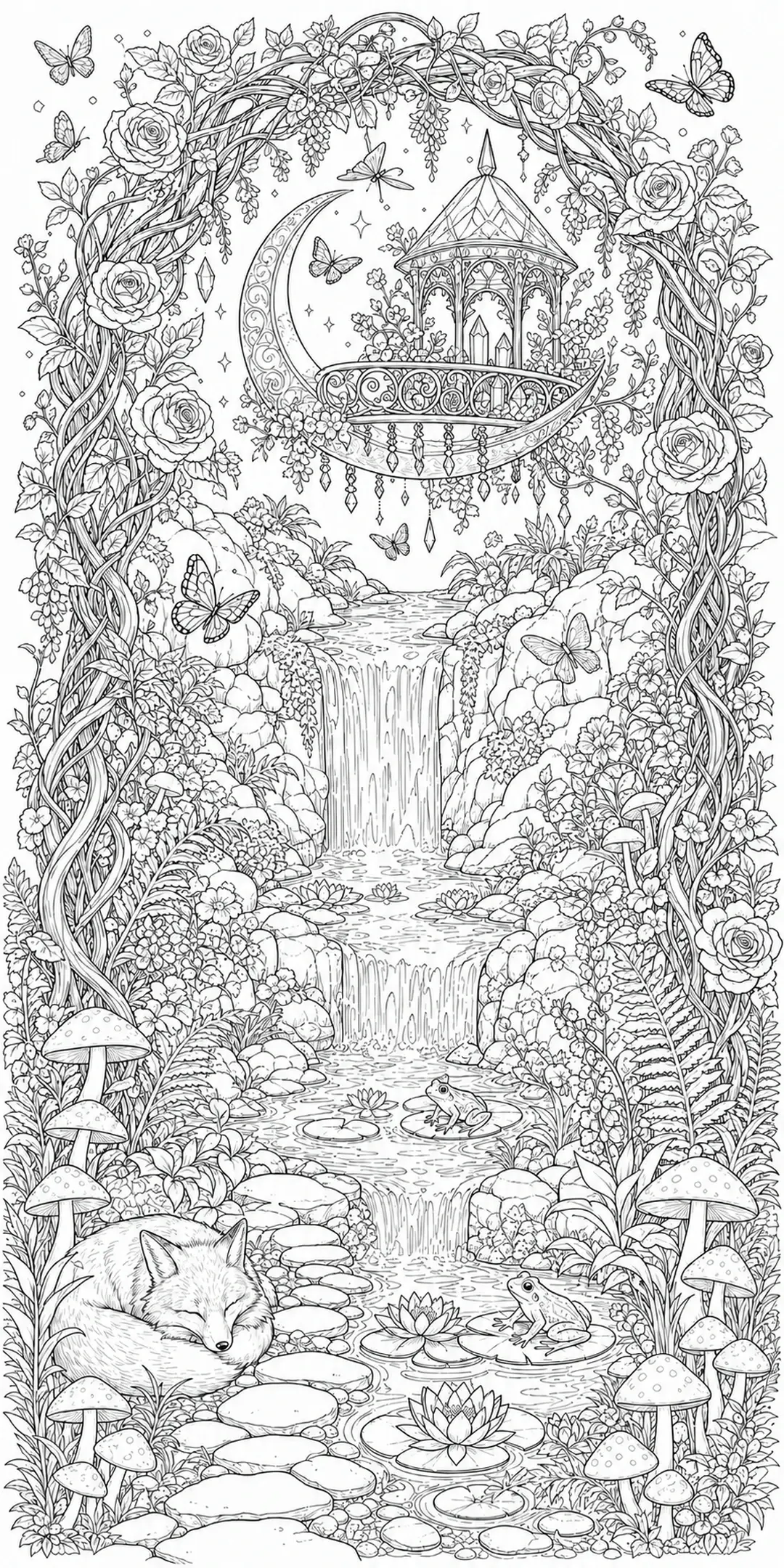 An intricate black-and-white coloring page of a fantasy garden with a waterfall, gazebo, butterflies, flowers, mushrooms, a fox, and a frog.