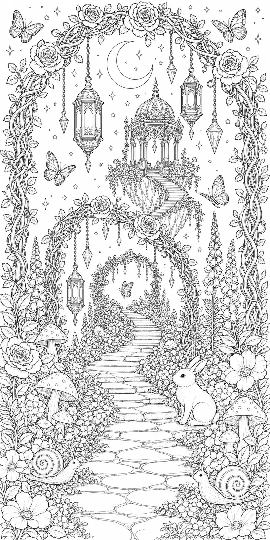 A fantasy garden coloring page with a winding path, gazebo, lanterns, flowers, butterflies, a rabbit, and snails.