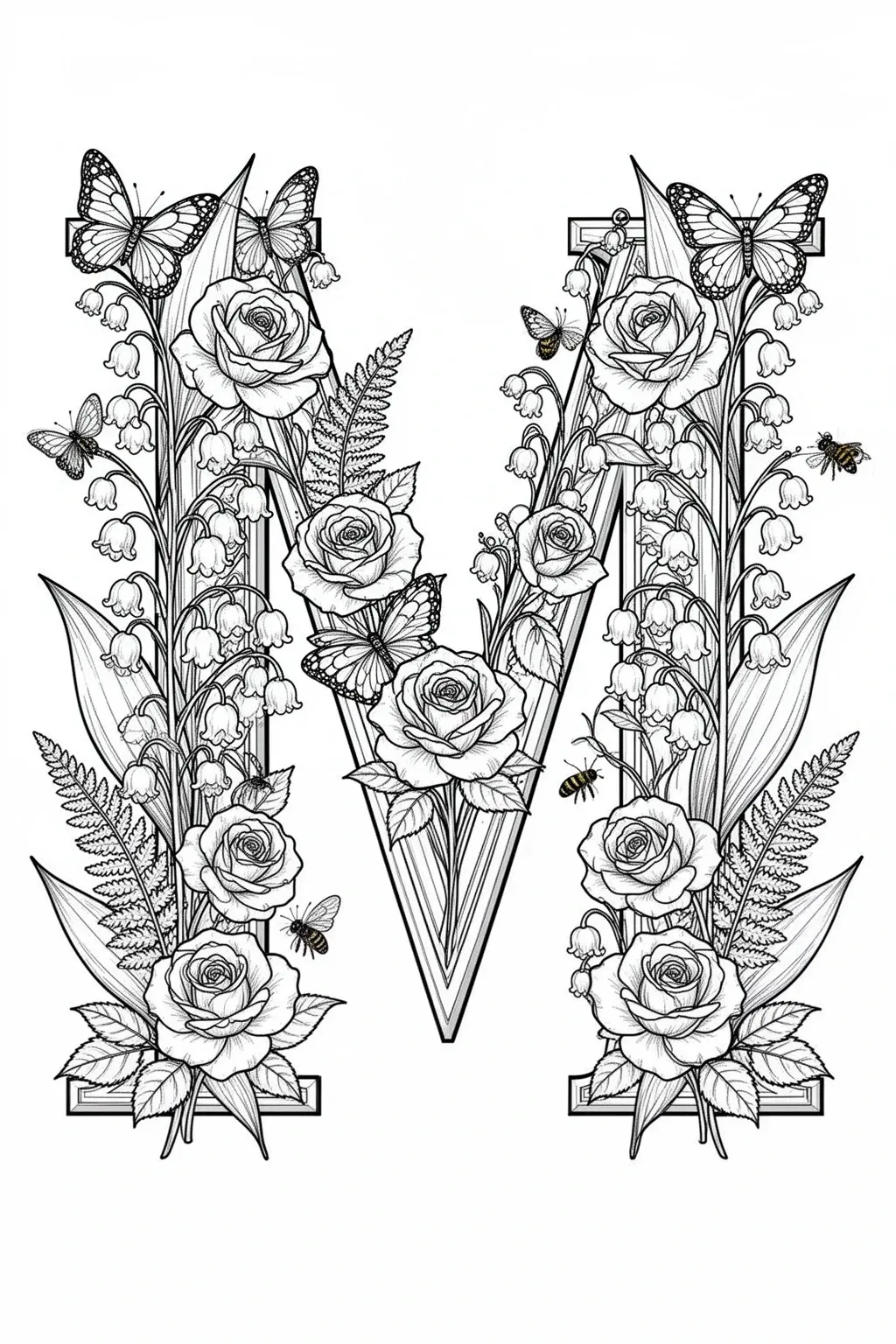Black and white coloring page of decorative letter M filled with roses, lily of the valley, butterflies, and small bees in detailed black-and-white line art