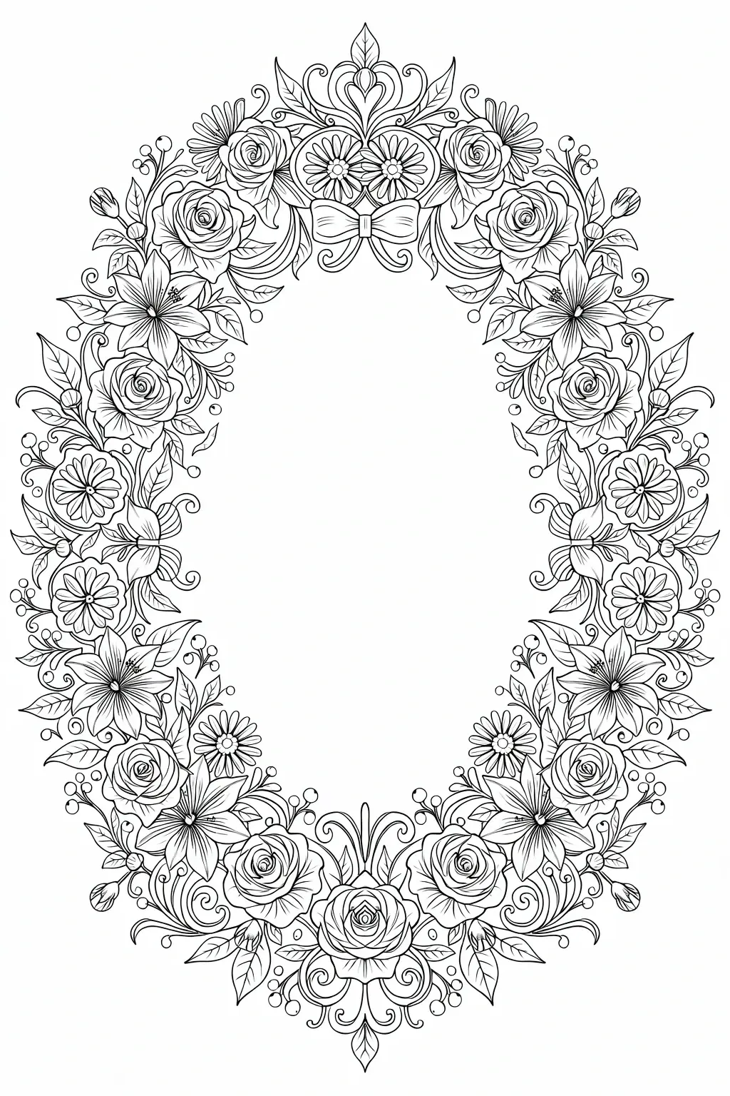 Black and white coloring page of ornate floral wreath frame with roses, daisies, leaves, and a small bow, leaving a blank center for coloring