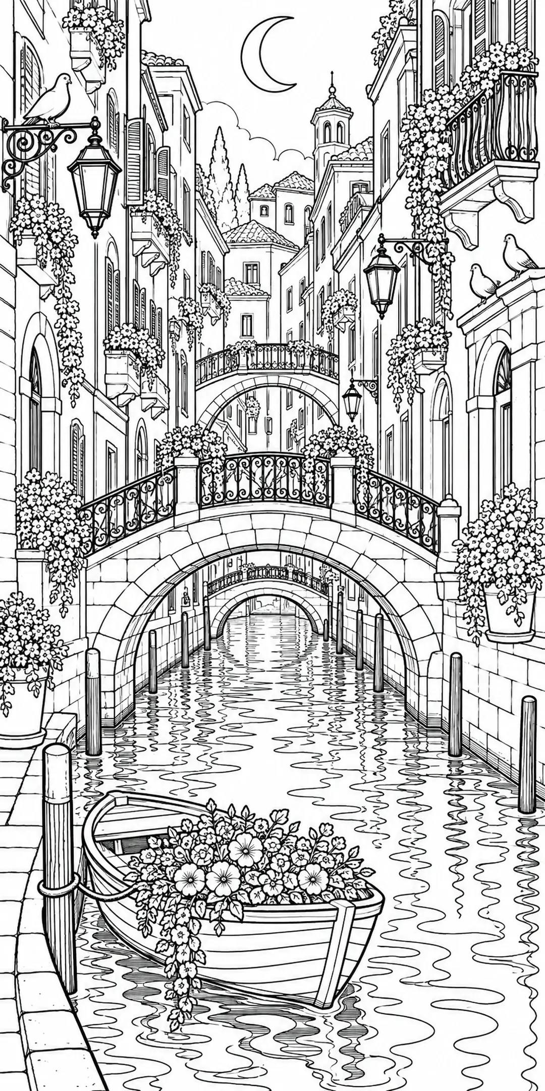 This detailed coloring page shows a flower-filled boat on a canal beneath stone bridges, surrounded by buildings, balconies, and a crescent moon.