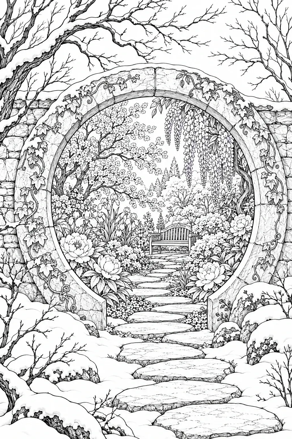 A detailed coloring page shows a flower-covered stone arch framing a garden path and bench, with snow on the foreground rocks.