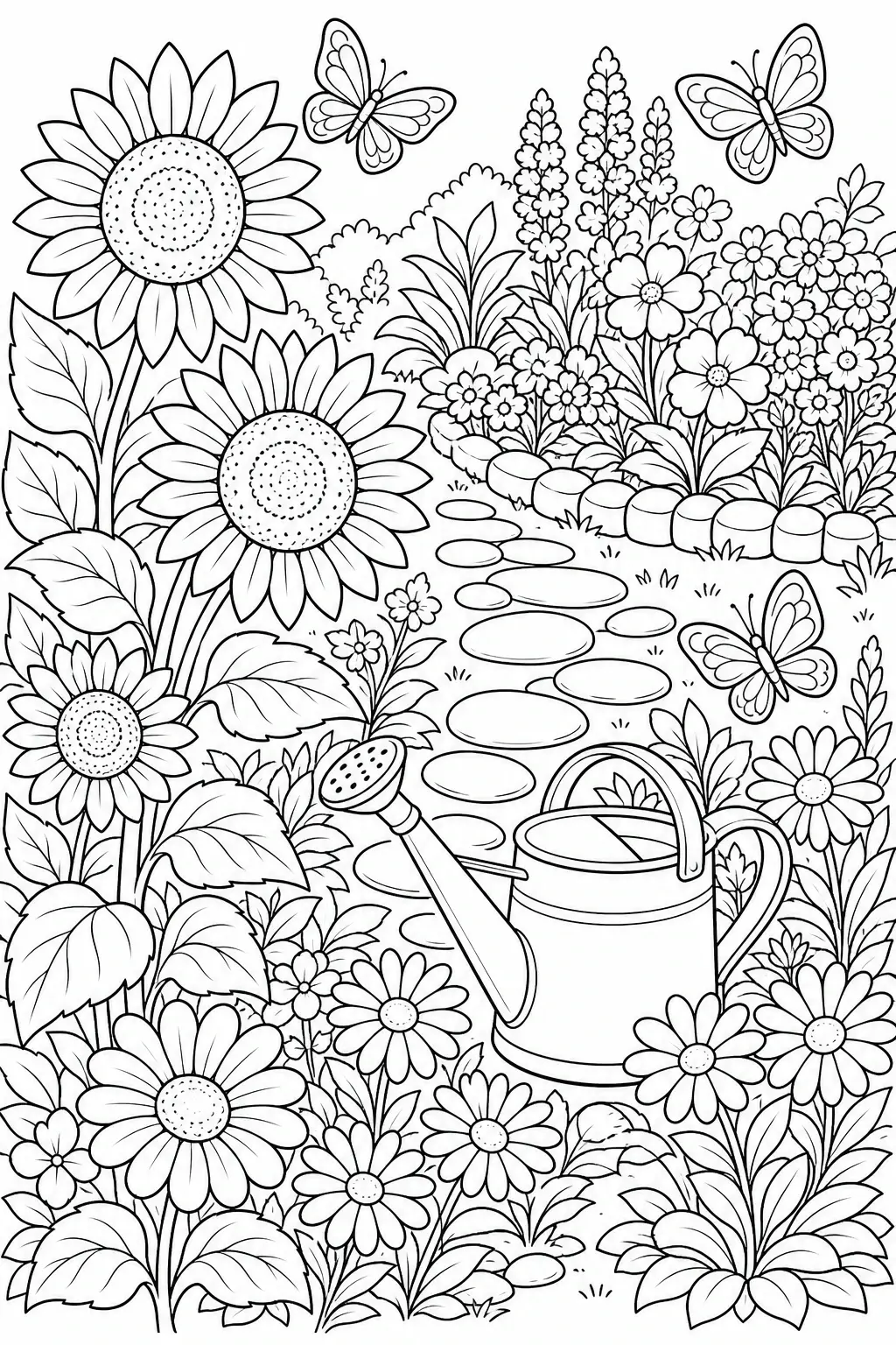 Black and white coloring page of a flower garden with sunflowers, daisies, butterflies, a stepping-stone path, and a watering can.