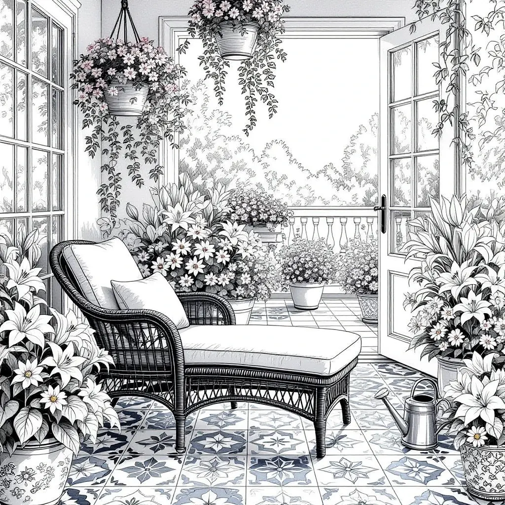 Black and white coloring page of detailed flower-filled patio with potted plants, hanging baskets, a wicker chaise lounge, and open French doors