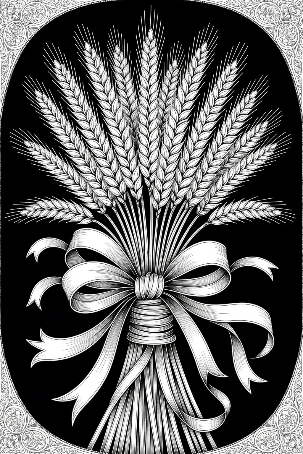 Intricate black-and-white fall harvest wheat sheaf tied with a flowing ribbon on a dark background; perfect for a printable coloring page. Works for detailed coloring page and kids' coloring page
