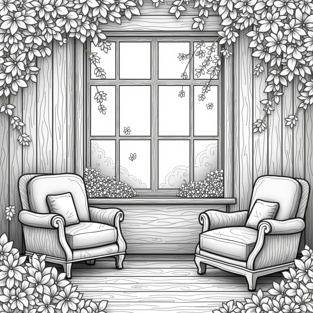 Black-and-white line art coloring page of a cozy home interior: two armchairs facing a window wrapped in spring flowers and vines.
