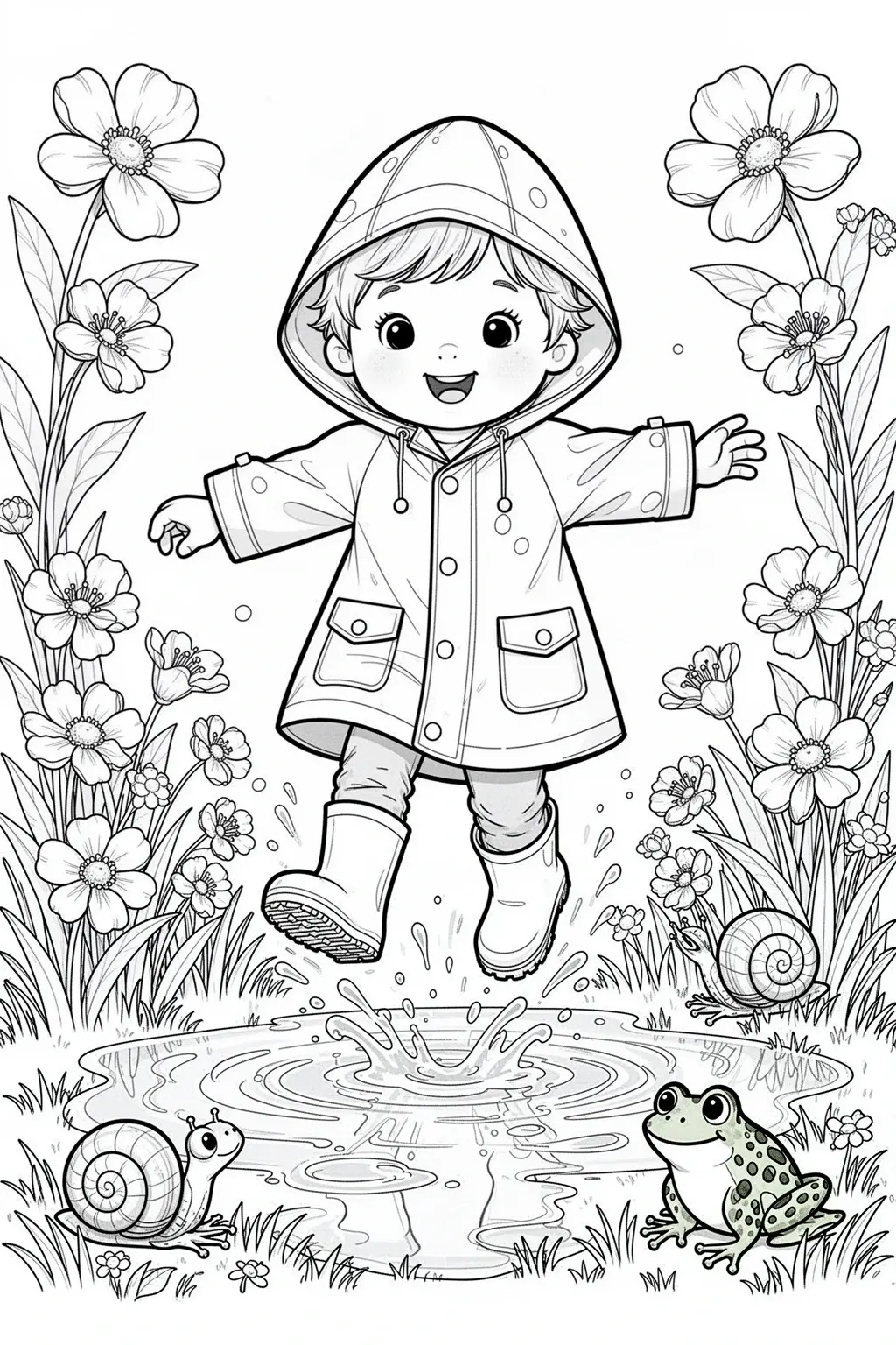 Black and white coloring page of cute child in rain boots splashing in puddles among blooming spring flowers