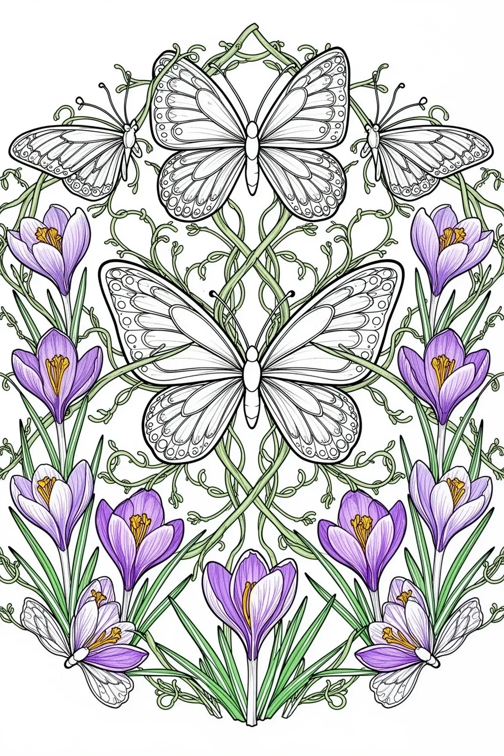 Butterfly and spring botanical mandala coloring page.