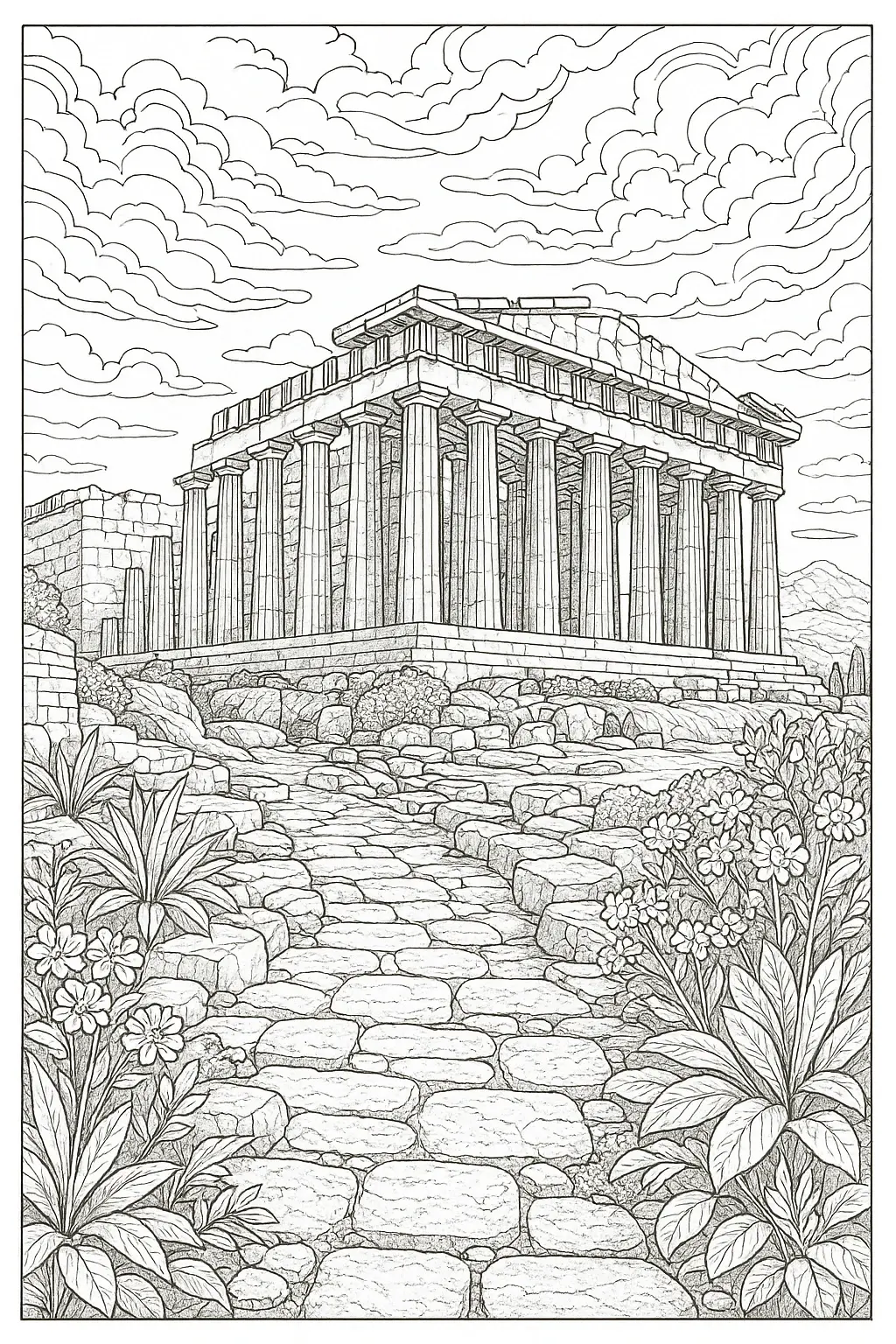 Black-and-white line art of an ancient temple with tall columns, stone pathway, rocky terraces and flowering plants in foreground; a printable coloring page scene offering detailed coloring page