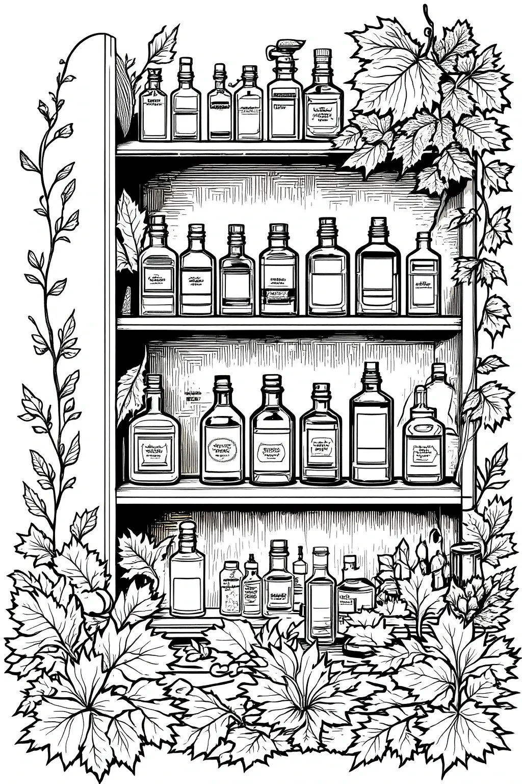 Black-and-white apothecary shelf coloring page with rows of bottles surrounded by leaves detailed coloring page, kids' coloring page, printable coloring page and coloring sheets for seasonal fall and