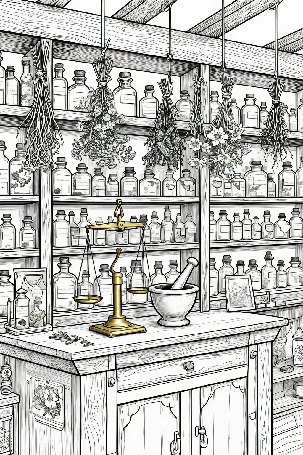 Black and white detailed coloring page of a cozy apothecary herb shop with shelves of bottles, hanging dried plants, a balance scale, and a mortar and pestle, designed as printable coloring sheets for