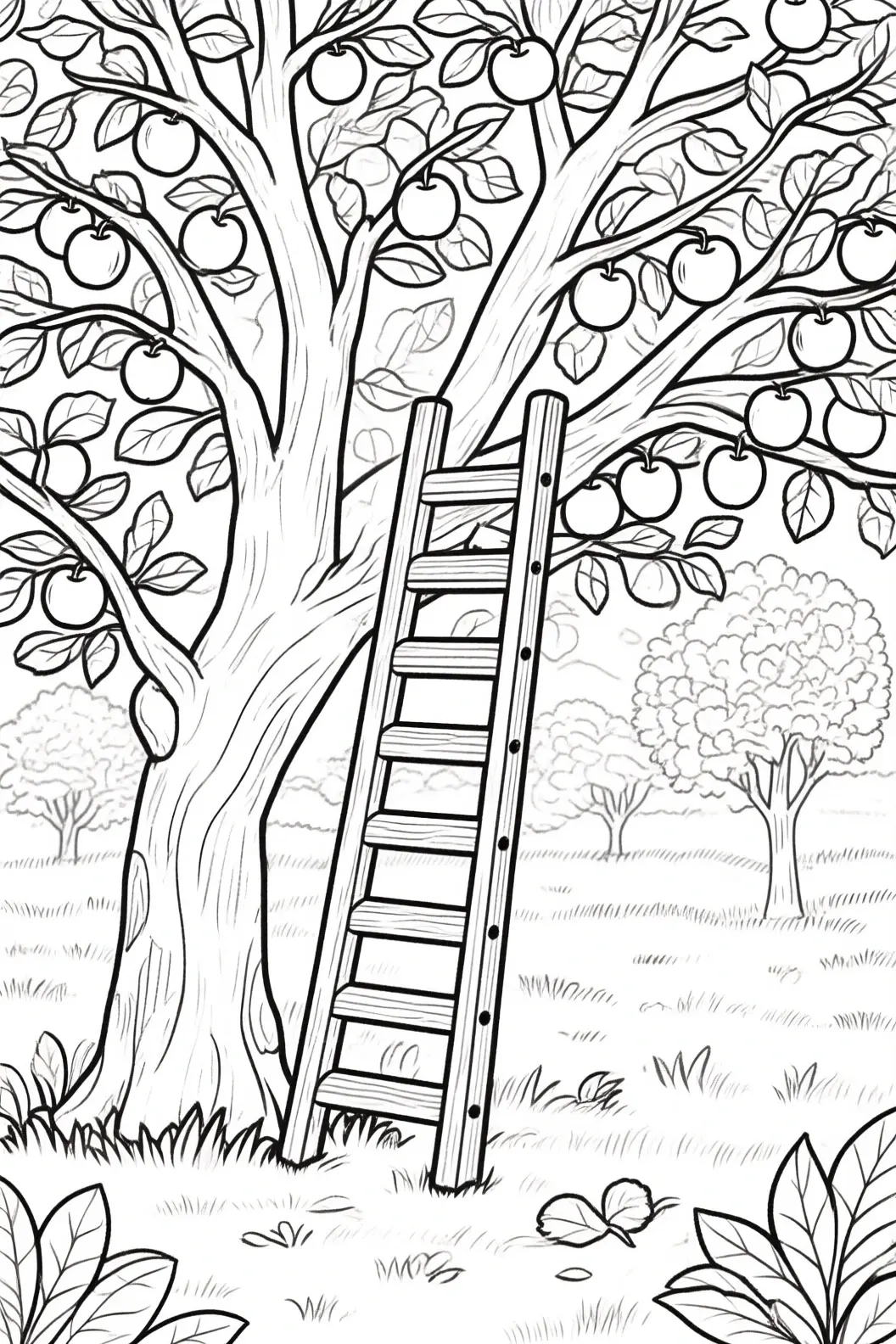 Black-and-white line drawing of an apple orchard with a ladder leaning against a tree, ripe apples on branches and distant trees; ideal printable coloring page, kids' coloring page, detailed coloring