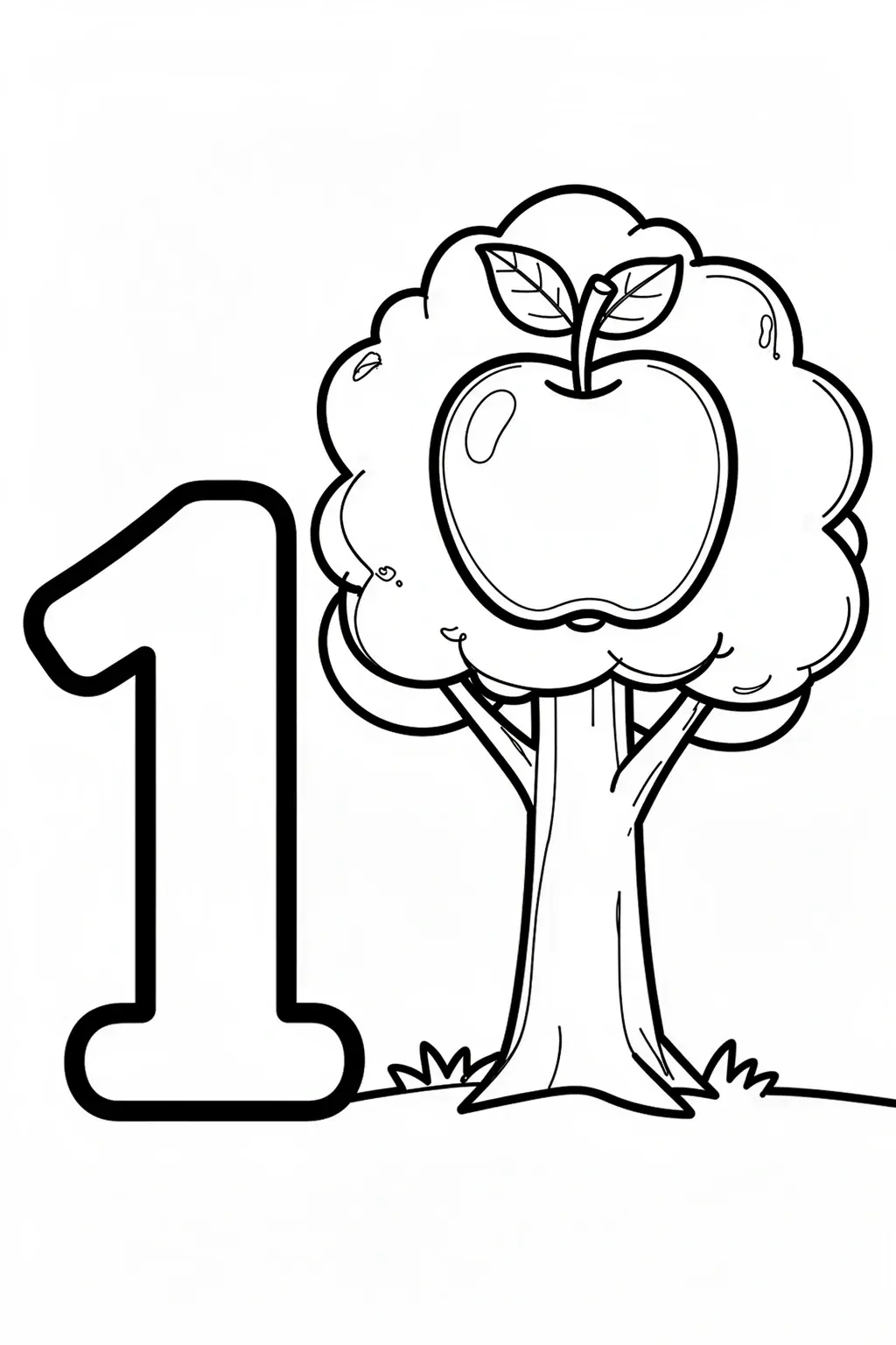 Black and white line art of the number 1 next to an apple tree with one apple, designed as a coloring page for kids.