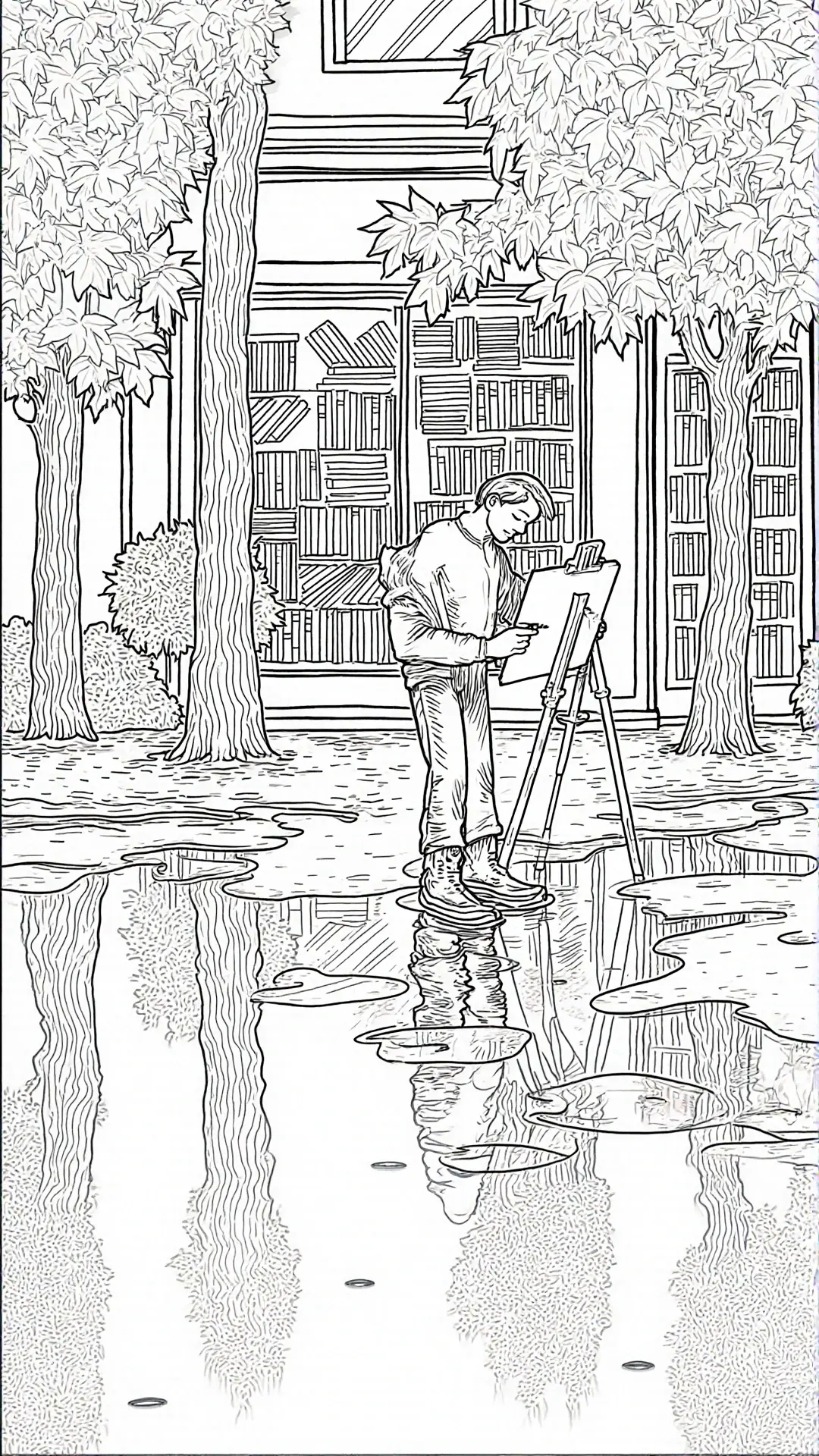 Black and white line art of a person painting at an easel outdoors in front of a building with trees and puddle reflections detailed coloring page, kids' coloring page, printable coloring page