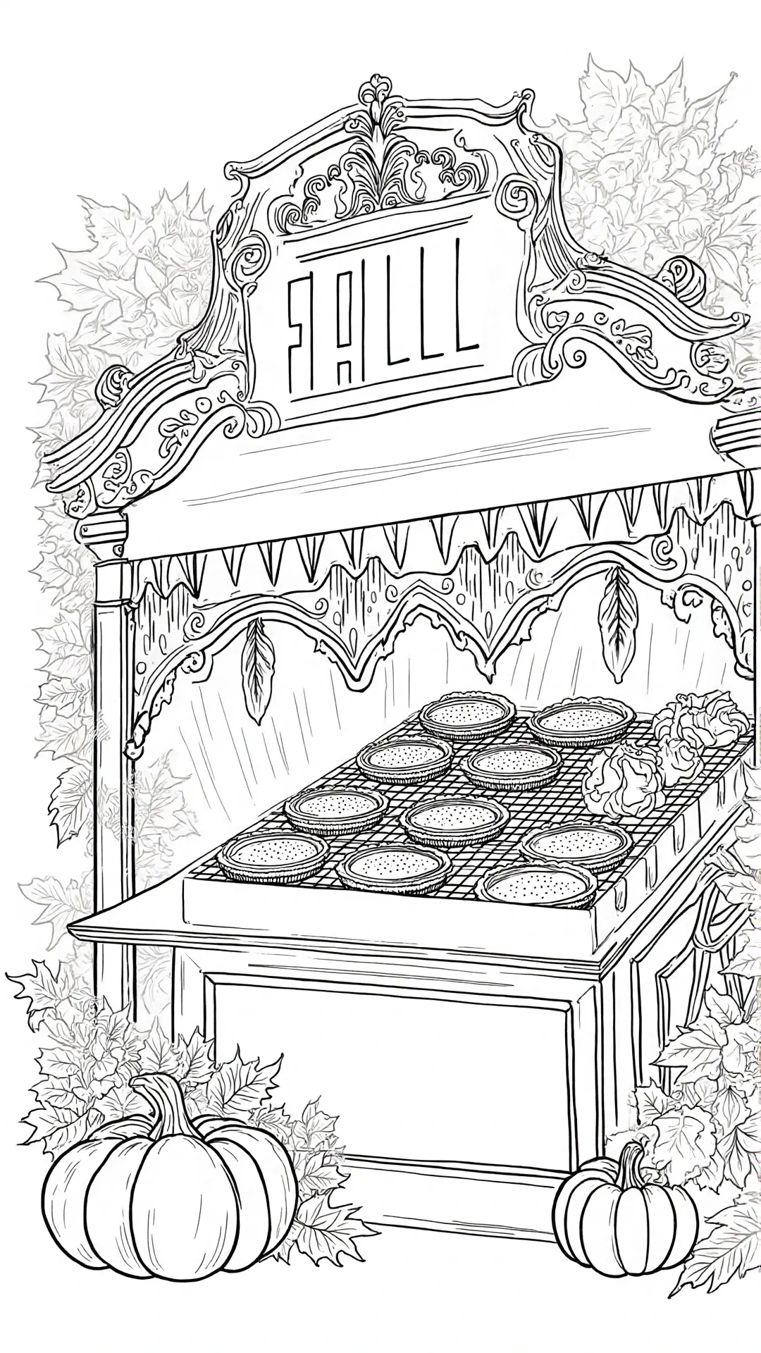 Intricate fall market pie stand line art with pumpkins and leaves detailed coloring page, kids' coloring page, printable coloring page and coloring sheets for autumn and Halloween activities.