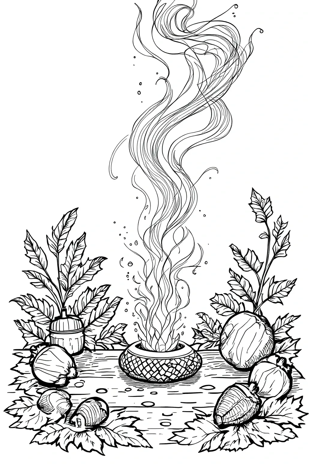 Line art of an autumn altar with a smoking bowl, swirling tendrils of smoke, acorns, pumpkins and leaves detailed coloring page, kids' coloring page, printable coloring page, coloring sheets.