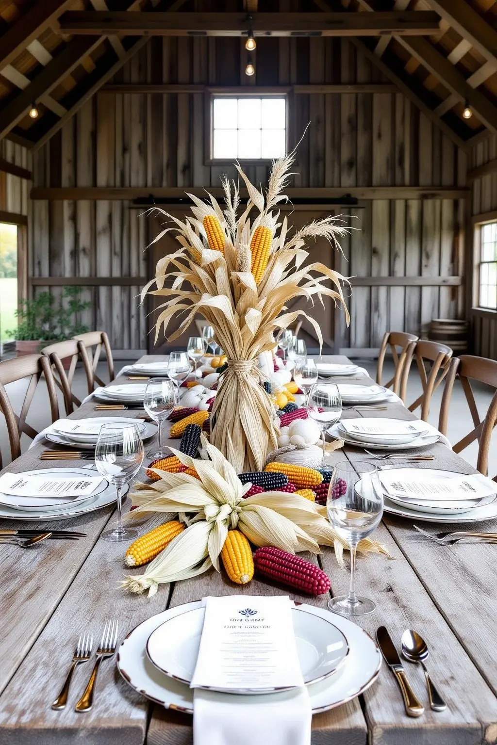 Rustic harvest table centerpiece with dried corn husks and multicolored ears of corn on a wooden table; great reference for printable coloring page, detailed coloring page, kids' coloring page and