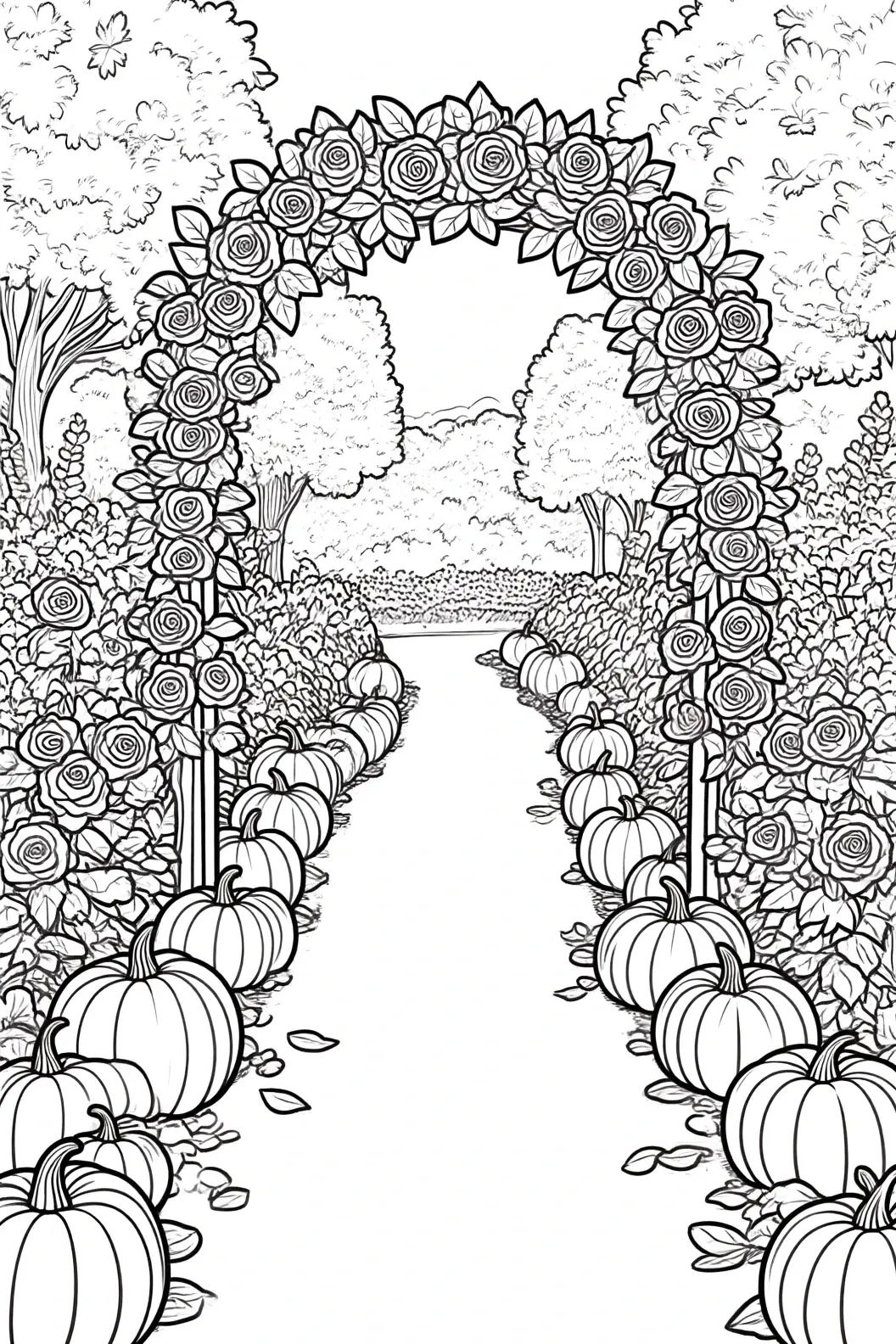 Black-and-white line art of a garden path with a rose-covered arch and pumpkins along the walkway detailed coloring page ideal as kids' coloring page, printable coloring page and coloring sheets for