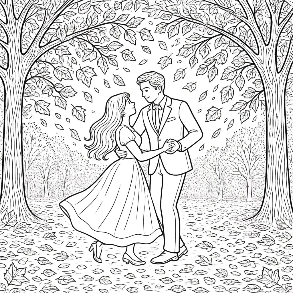 Black-and-white line art of a couple dancing under trees with falling leaves; a fall scene coloring sheet ideal for detailed coloring page, kids' coloring page, and a printable coloring page or
