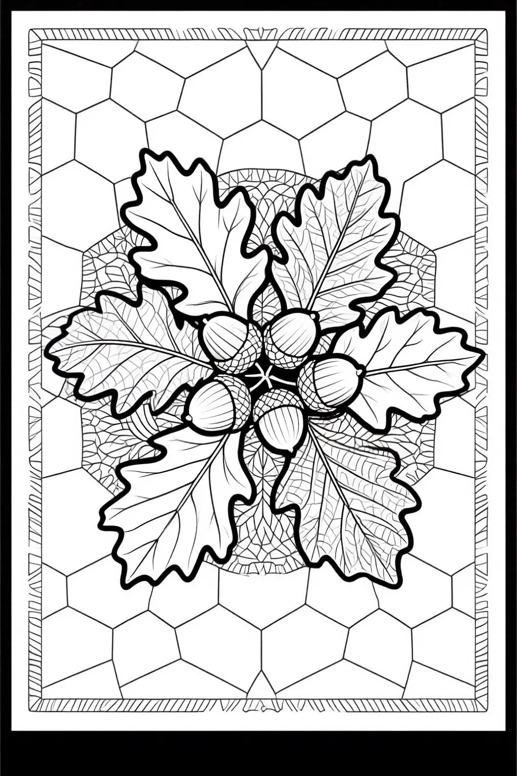 Black-and-white fall mandala coloring page with oak leaves and acorns in the center; detailed coloring page style suitable for kids' coloring page, printable coloring page and coloring sheets.