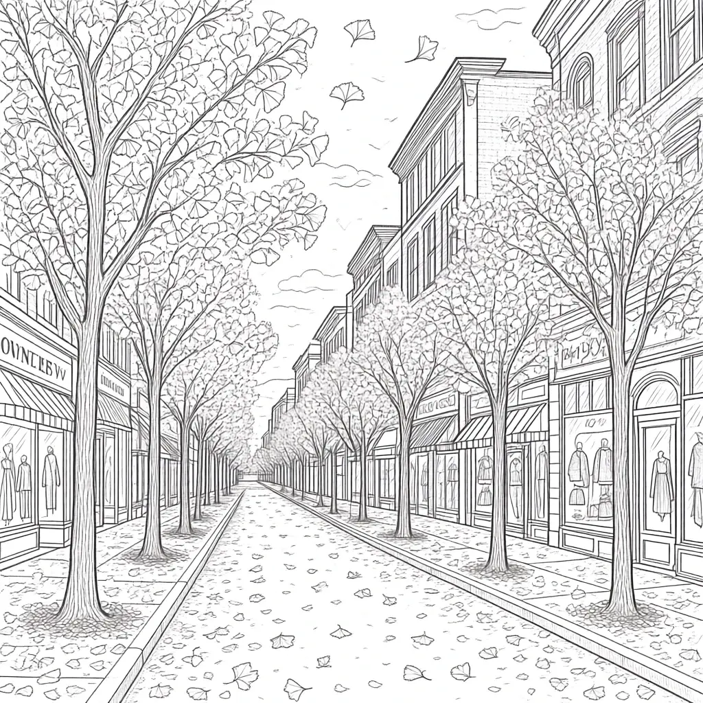 Black-and-white city street coloring page showing rows of trees and storefronts for a fall scene detailed coloring page, kids' coloring page, printable coloring page, and coloring sheets featuring